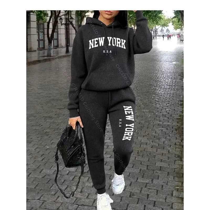 NEW YORK Women Sweatsuit Autumn Winter Two Piece Set Hoodie Pants High Quality Loose Fashion