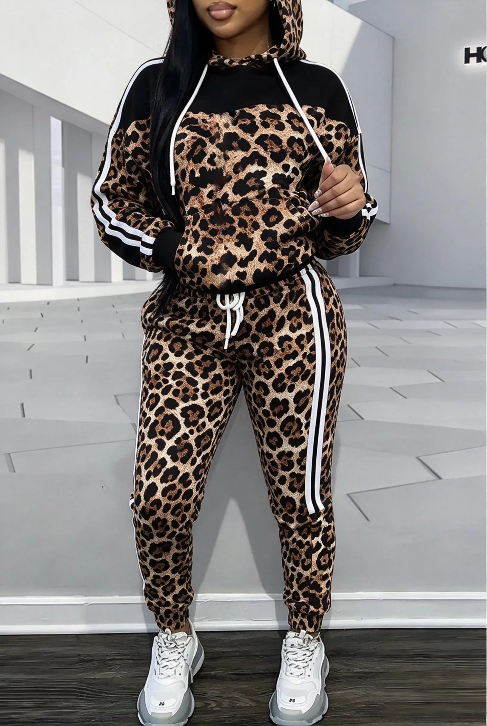 Women Color Block Leopard & Croc Print 2Pcs Tracksuit, Side Striped Hoodie Jogger Set, fashion