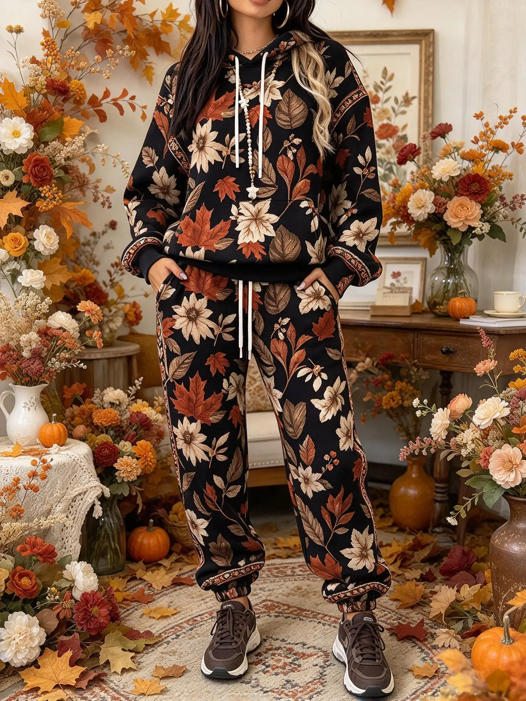 Women Autumn Maple Leaf Floral Hooded Tracksuit, Printed Hoodie & Cuffed Jogger Pants 2 Piece Outfit