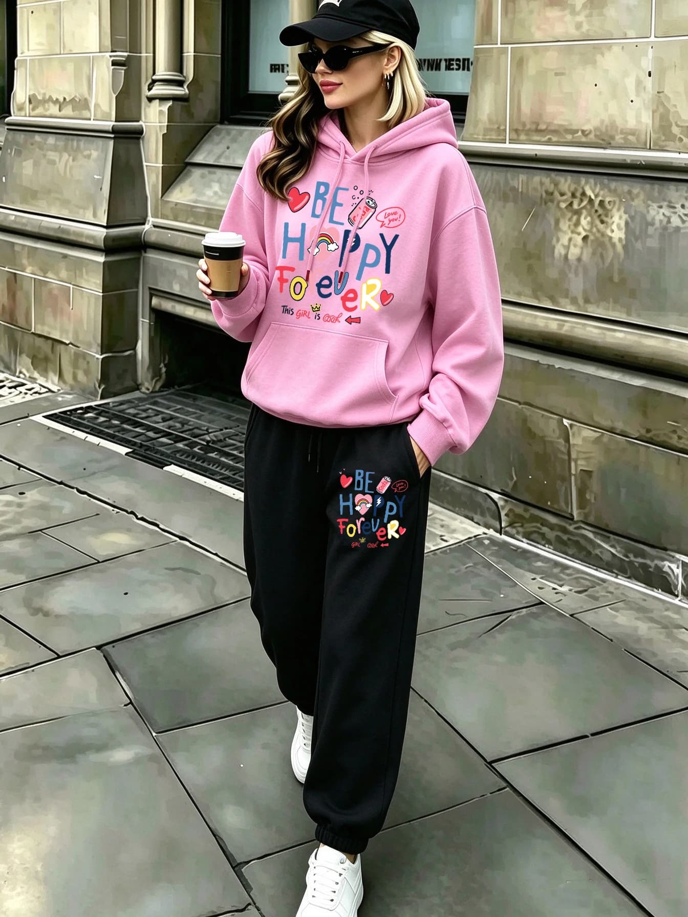 Be Happy Forever Prints Woman Jogging Warm Hoodie Set Casual Pocket Pullover Sport Street Long