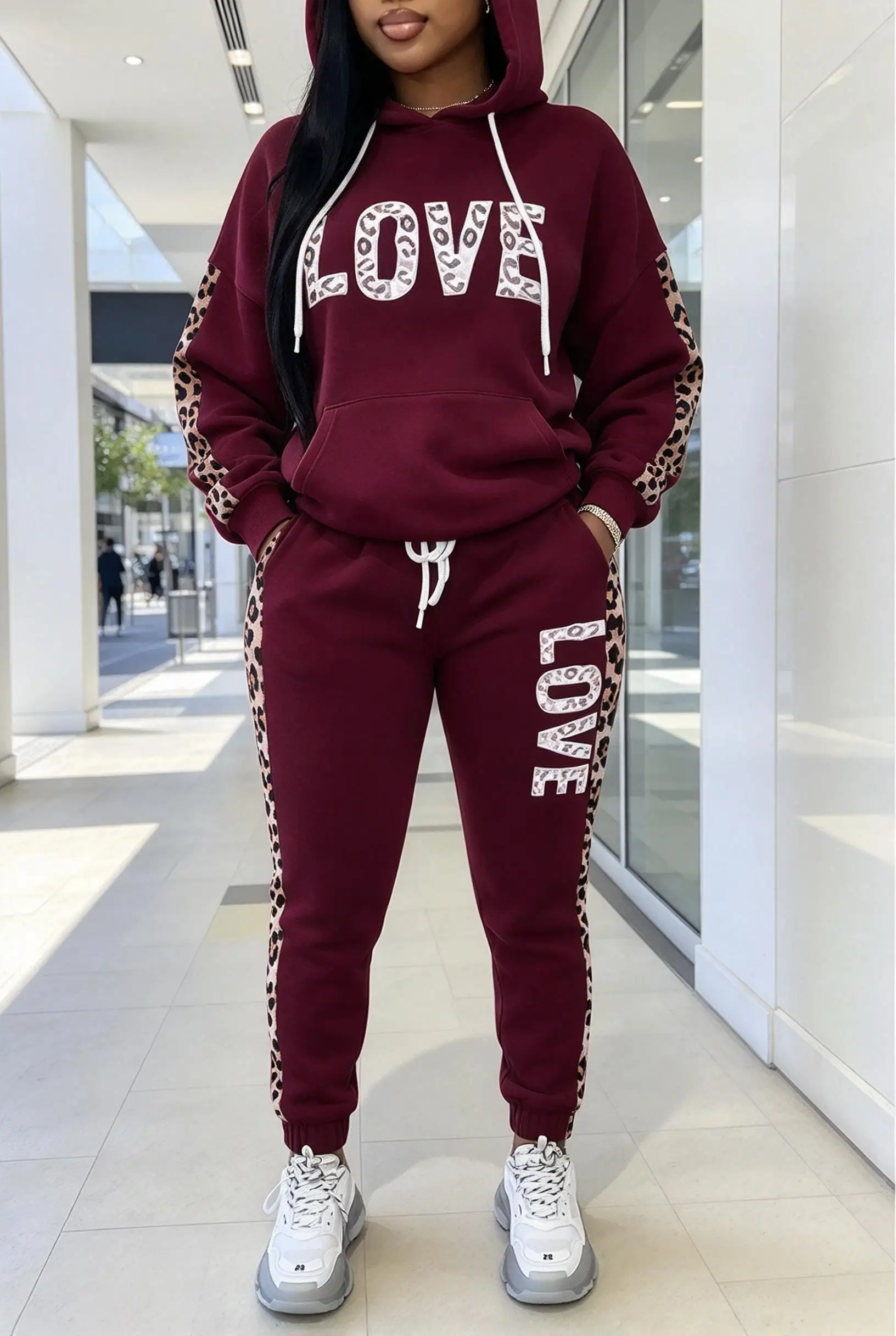 Women Letter Leopard Spliced Hooded Tracksuit, Hoodie & Cuffed Jogger Pants 2 Piece Outfit